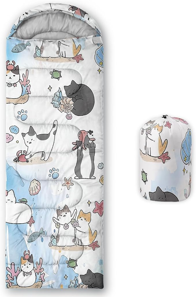AILONEN Kids Floral Cat Camping Sleeping Bags,Lightweight & Waterproof,3 Season Warm & Cool Weather,Kawaii Kitten Sleeping Bags for Girls Adults,Travelling,Outdoors