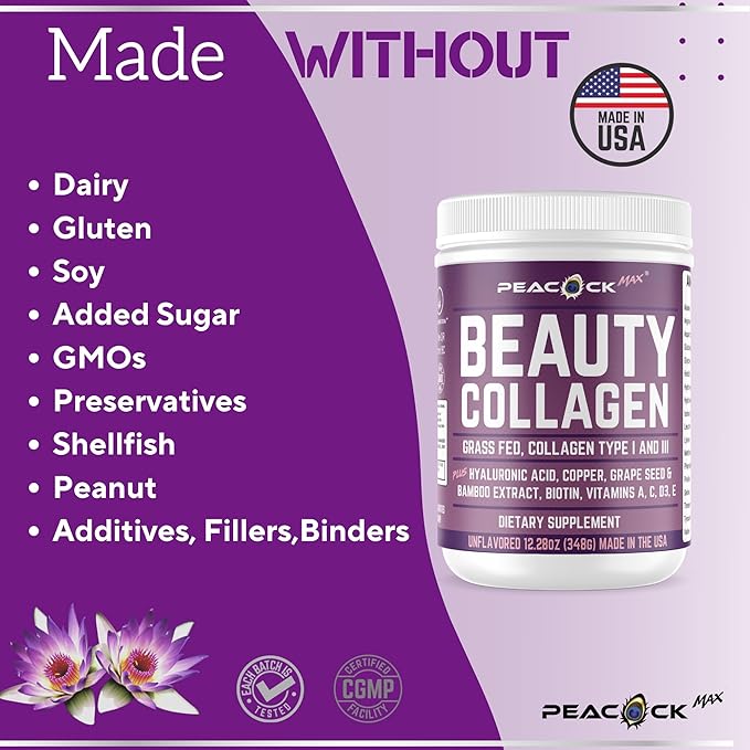 Beauty Collagen Peptides Grape Seed Extract Biotin Pasture Raised Bovine Bamboo Extract Vitamin A C D3 E Copper (24.54 oz (Pack of 2))