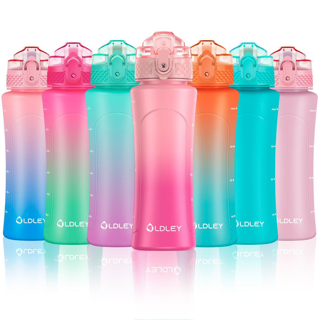 OLDLEY Kids Water Bottle with Straw 15 oz BPA-Free Leak-Proof Motivational Water Bottles with Time Marker for School Sports Travel Gym, Easy to Use for Girls Goys, 1 Straw Lid, Pink Purple