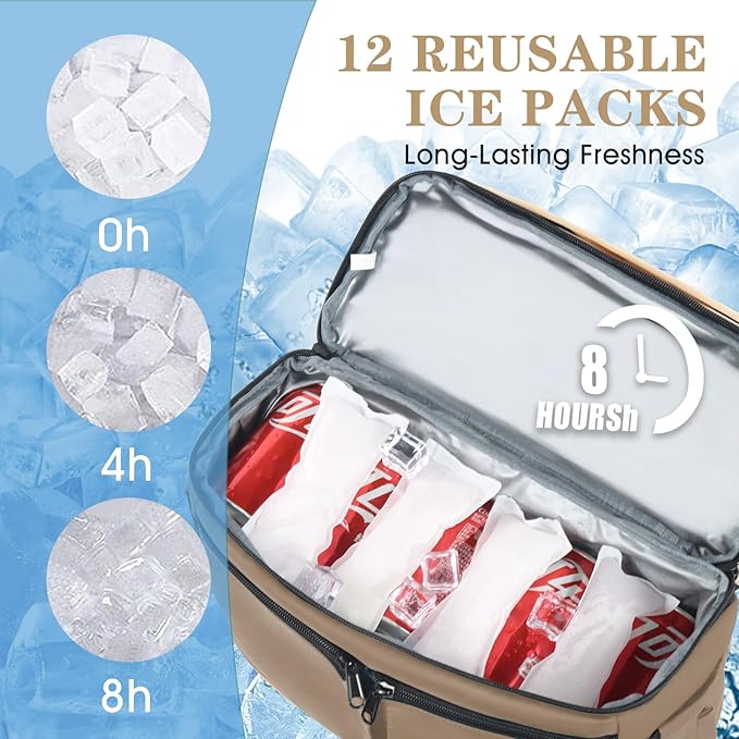 Backpack Cooler with Double Decker & 12 Ice Packs- Keeps 36 Cans Cold for Up to 24 Hours- Waterproof & Leak Proof Insulated Cooler Backpack- Stylish Cooler Bookbag for Women Travel Work Beach