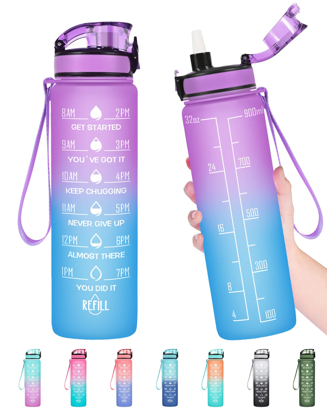 Enerbone 32 oz Water Bottle, Leakproof BPA & Toxic Free, Motivational Water Bottle with Times to Drink and Straw, Fitness Sports Water Bottle with Strap for Office, Gym, Outdoor Sports