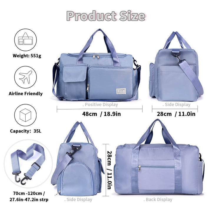 FIORETTO Women's Water-Resistant Gym Duffle Bag with Shoes Compartment, 37L Capacity, Multi-Functional, Ideal for Travel, Gym, Sports, Weekender, Blue