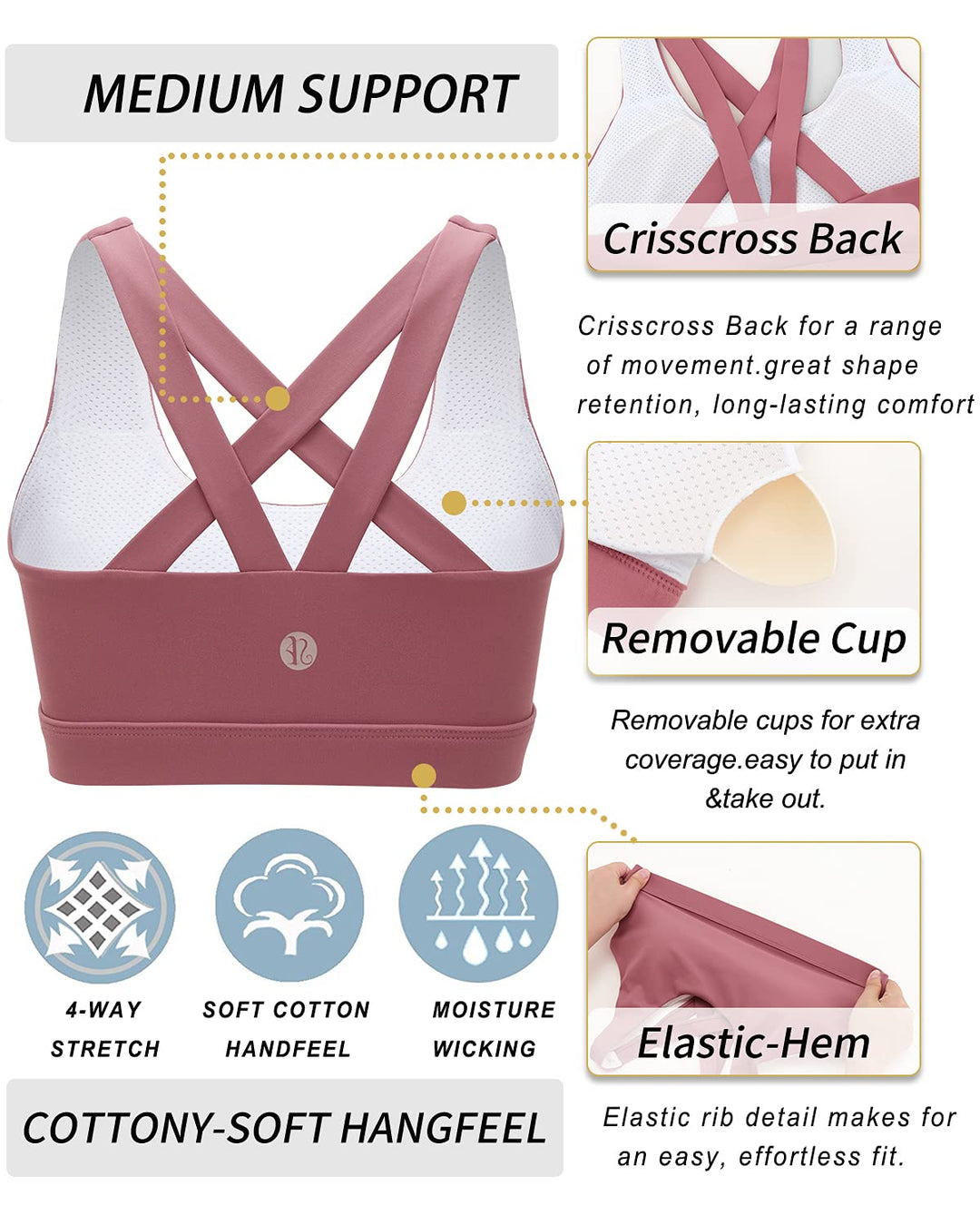 RUNNING GIRL Sports Bra for Women, Criss-Cross Back Padded Strappy Sports Bras Medium Support Yoga Bra with Removable Cups (WX2575-Rose Red, S)