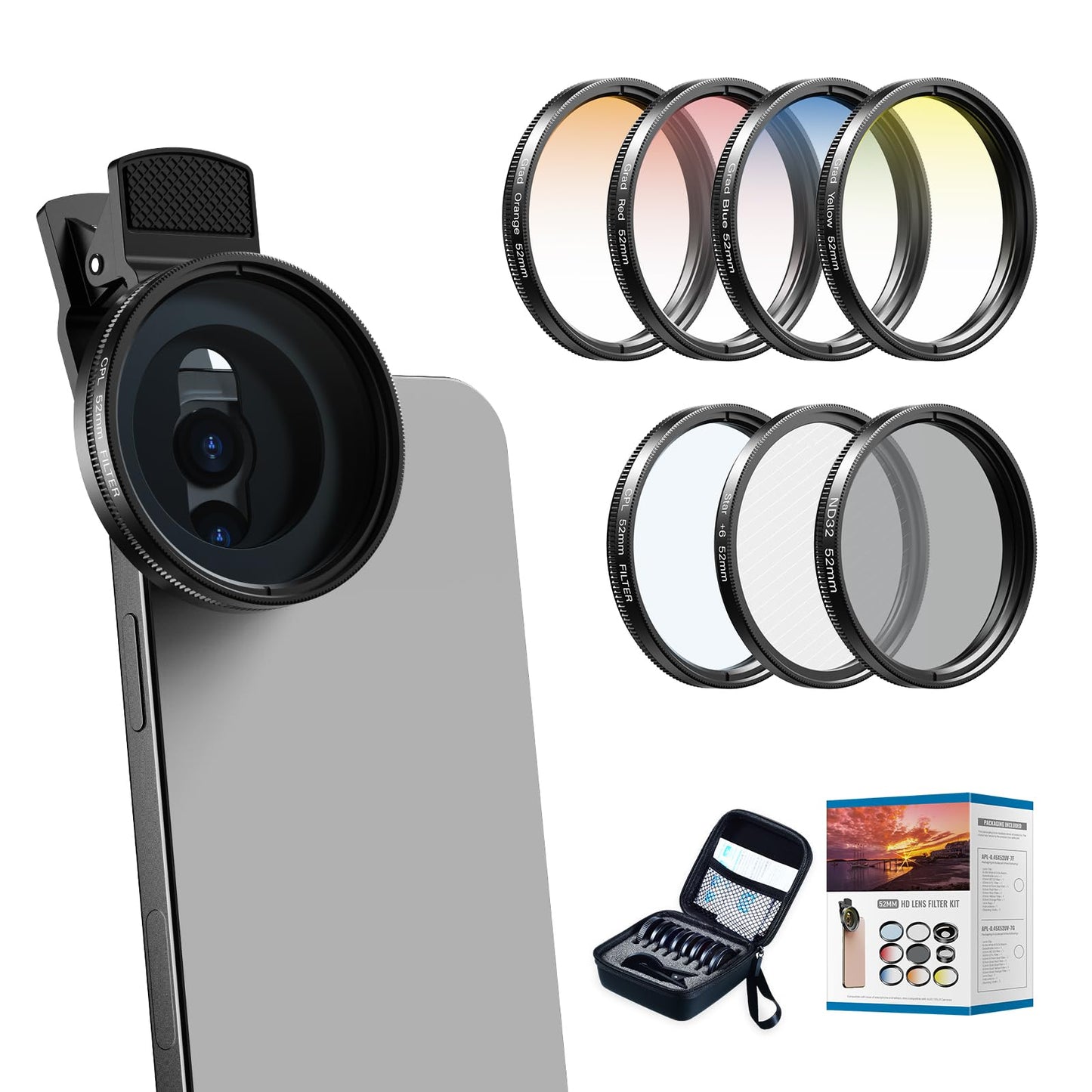 APEXEL 52 mm Phone Filters,Camera Filter Kit 7 in 1,CPL,ND32,Star Filter,4 Gradient Filters (Blue, Yellow, Orange, Red),Suitable for Mobile Phones and 52mm Cameras