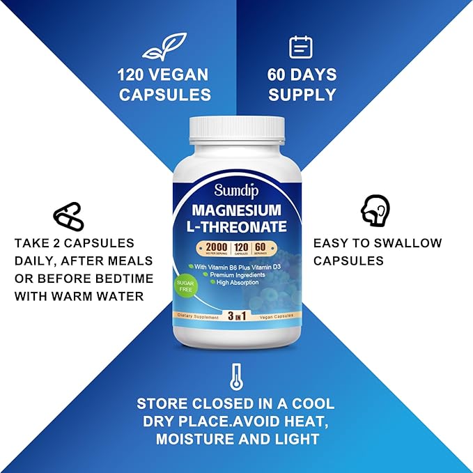 Magnesium L-Threonate Capsules, 2000 mg per Serving, High Absorption, Supports Immune, Suitable for Men and Women,120 Vegetarian Capsules