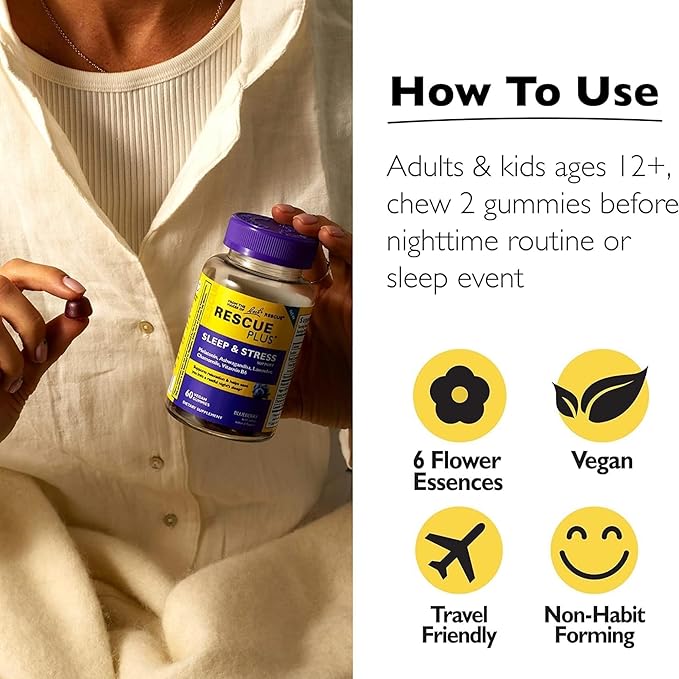 Bach RESCUE PLUS Sleep & Stress Support Gummies, Nighttime Dietary Supplement with 1mg Melatonin, Ashwagandha, Chamomile, Lavender & Vitamin B6, Natural Blueberry Flavor, Vegan & Gluten-Free, 60 Count