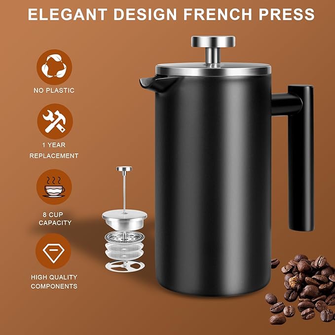34 OZ Large French Press, Premium Stainless Steel Sturdy Insulated French Press Coffee Maker, 4-8 Cups French Coffee Press, Tea Presses for Home Kitchen Caming Loose Tea, Elegant Black