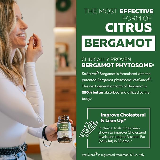 SoActive Bergamot: 2.5X More Effective, Italian Citrus Bergamot Phytosome - Clinically Validated | Enhanced with Grape Seed Extract - Supports Cholesterol & Weight Management (60 Capsules)