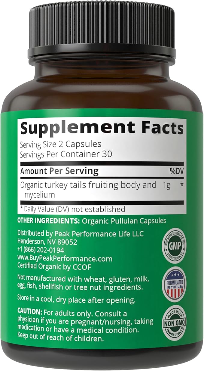 Peak Performance Organic Turkey Tail Capsules - USA Grown Made with Real Turkey Tail Mushroom. Immune System Support Naturally Harvested Mushroom Supplements for Immunity. Vegan Supplement Extract