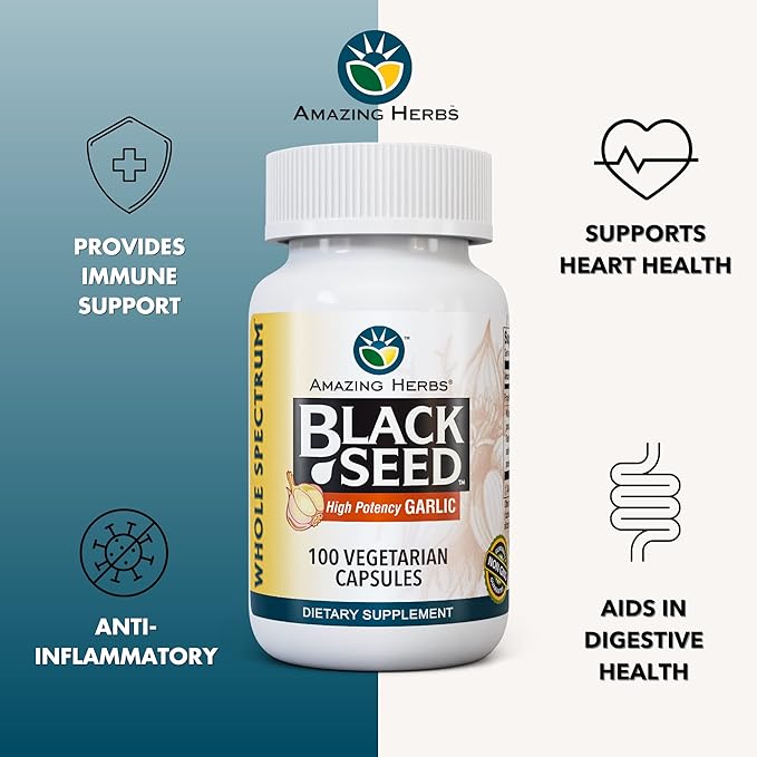 Amazing Herbs Whole Spectrum Black Seed & High Potency Garlic, Vegetarian Capsules - Gluten-Free, Non-GMO, Vegan, Supports Immune System, Lung Function, & Cardiovascular Health - 100 Count