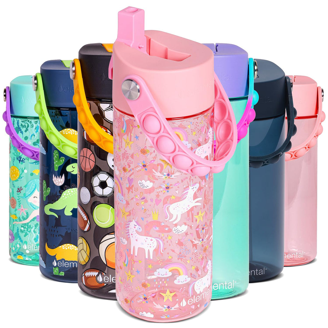 Elemental Leak Proof Water Bottles for Kids - Splash Kids Water Bottle for School with Fun Fidget Pop-it Handle - BPA Free Tritan Plastic Reusable Water Bottle with Straw - Pink Unicorn - 18oz