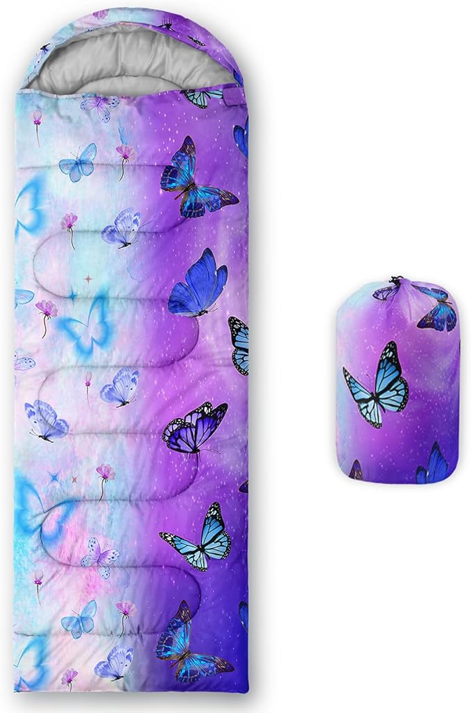 AILONEN Kids Floral Cat Camping Sleeping Bags,Lightweight & Waterproof,3 Season Warm & Cool Weather,Kawaii Kitten Sleeping Bags for Girls Adults,Travelling,Outdoors