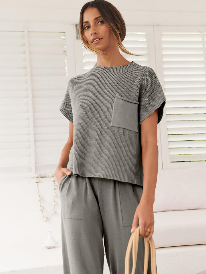 ANRABESS Women's Two Piece Outfits Knit Sweater Pullover Crop Top & Pants Lounge Matching Tracksuit Sweatsuit Sets 2024 Trendy Loungewear Clothes Grey X-Small