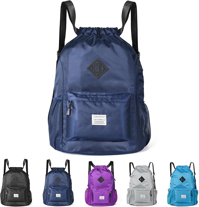 ALUSBELL Large Drawstring Backpack Bag, Sports Gym Bag String Sackpack with Shoes Compartment, Waterproof String Bag Cinch for Women Men(Navy Blue)