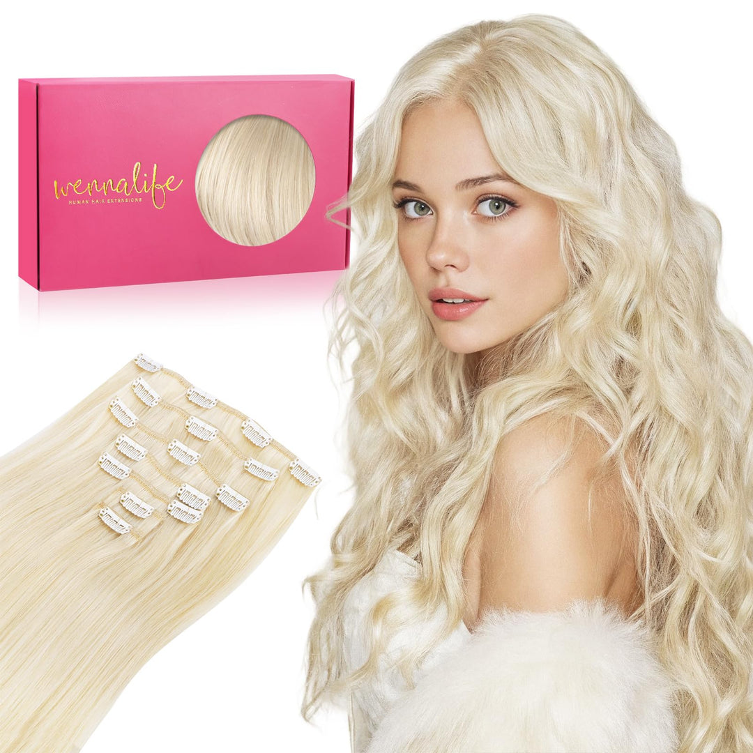 Wennalife Clip In Hair Extensions Real Human Hair, 16 Inch 120G 7Pcs Platinum Blonde Hair Extensions Clip In Human Hair Remy Cli
