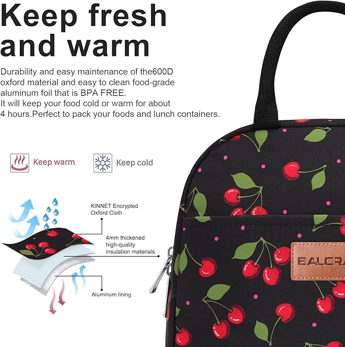 BALORAY Lunch Bag for Women Men Insulated Lunch Box for Adult Reusable Lunch Tote Bag for Work, Picnic or Travel (Cherry, M)