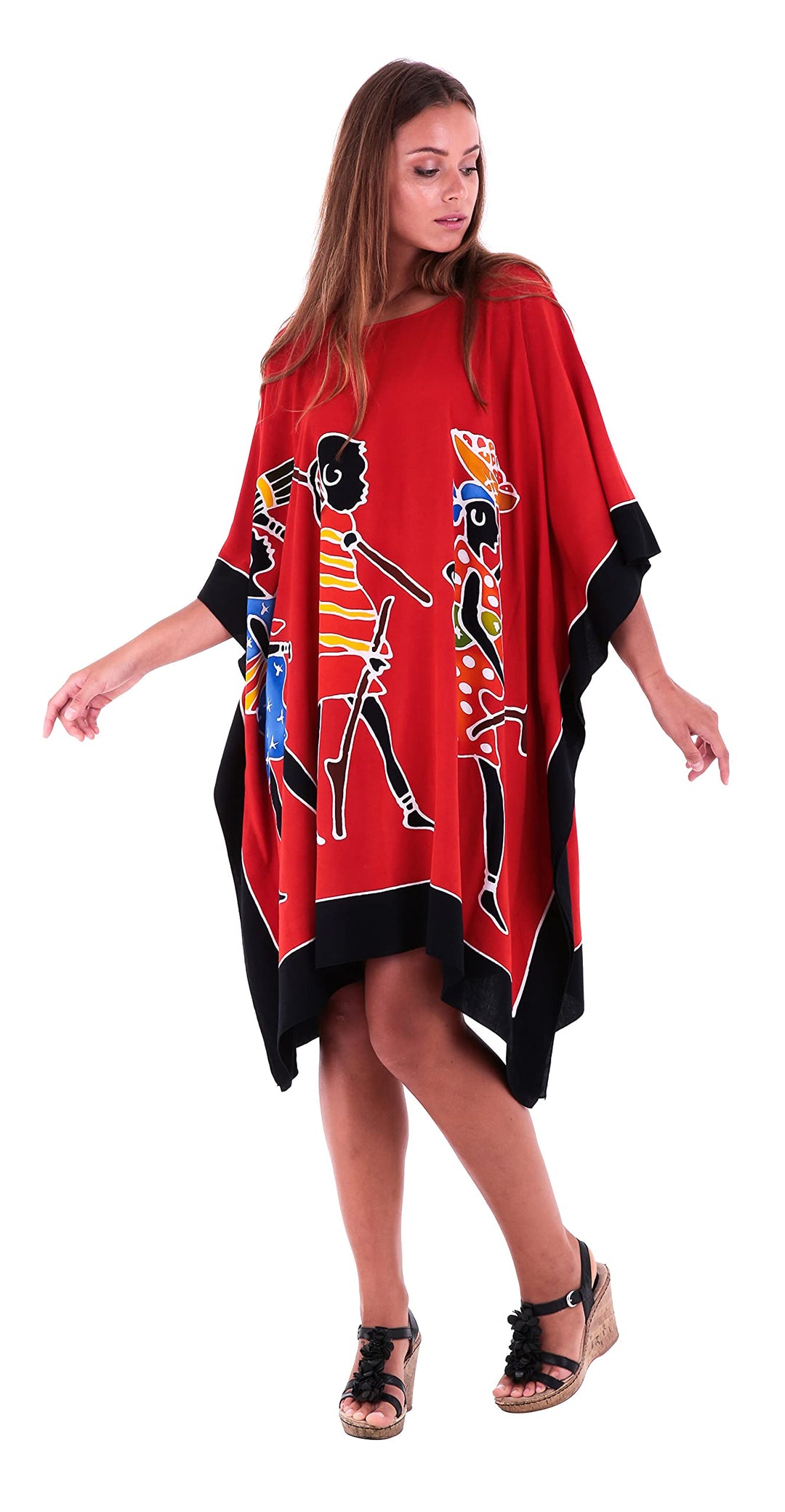 SHU-SHI Womens Short Caftan Poncho Tribal Tunic Swimwear Cover Up Red