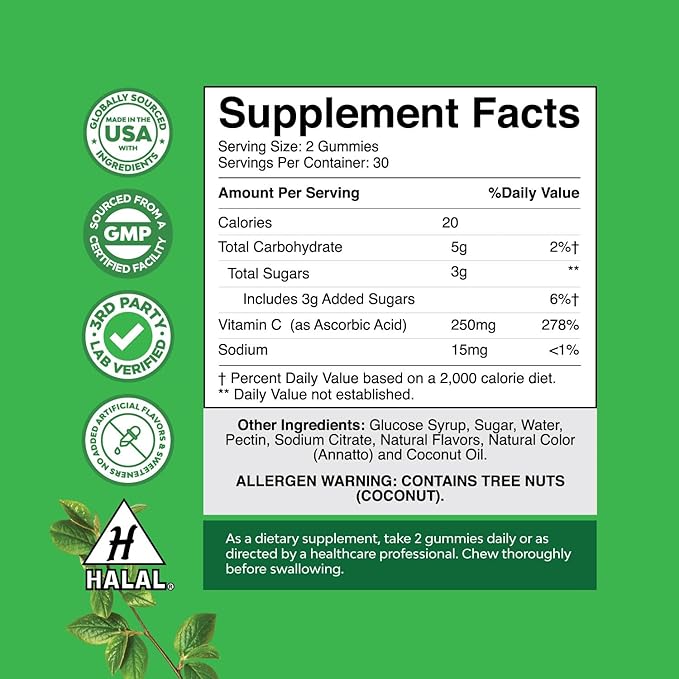 Chewable Vitamin C Gummies for Adults - Halal Vitamin C Immune Support Gummies - Ascorbic Acid Natural Gummy Immune Booster for Adults and Natural Cold Remedy Gummy Vitamins