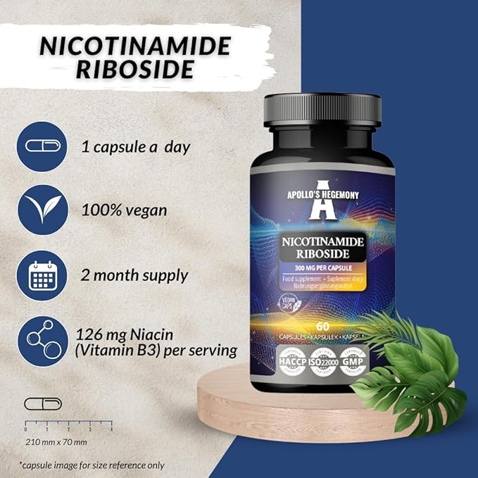 APOLLO'S HEGEMONY Nicotinamide Riboside (NR) 300 mg - 60 Niacin Vegan Capsules - 2 Months Supply - NAD+ Precursor - Vitamin B3 Supplement to Support Energy Metabolism and Reduce Tiredness