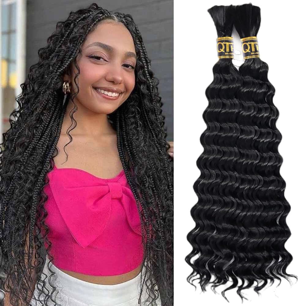 QTHAIR 14A Deep Wave Bulk Human Hair For Braiding No Weft (22"#1B(Natural Black)) 100% Unprocessed Brazilian Deep Wave Human Hair Virgin Hair Extensions Two Bundles Micro Braiding