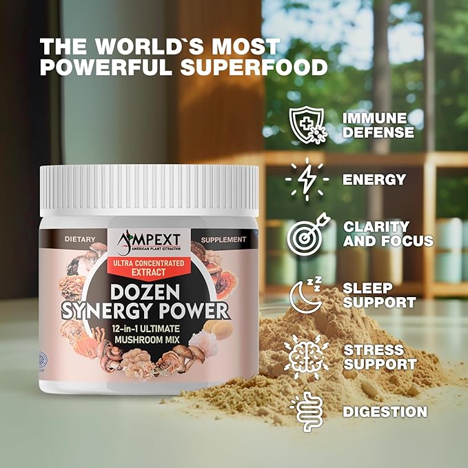 12-in-1 Dozen Synergy Power: Premium Complex of 12 Carefully Selected Fruiting Body Mushroom Extracts, Supporting Immunity, Cognitive & Cardiovascular Functions