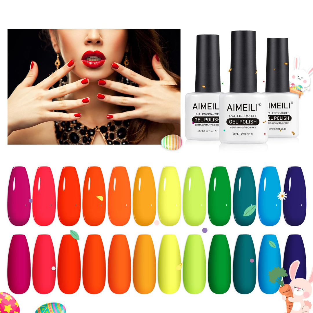 Aimeili Neon Gel Nail Polish Set Summer Nails Gel Neon Orange Hot Pink Blue Yellow Green Purple Gel Polish 12 Colors Soak Off Le