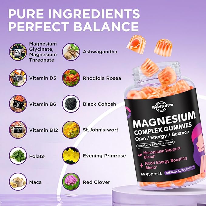 Magnesium Glycinate Gummies for Women, High Absorption Magnesium Supplement with Menopause Support Blend, Magnesium & Hormone Balance for Sleep Support, Vegan, 60 Chews