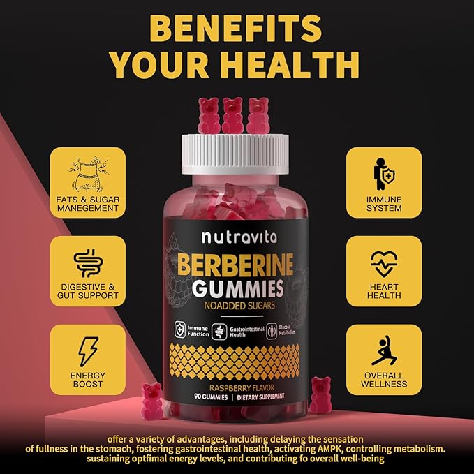 Berberine Gummies with Ceylon Cinnamon 1500mg High Potency Berberine HCL Supplement for Immune and Metabolism Support, Sugar Free Organic Berberine Gummies Raspberry Flavor-2PACK