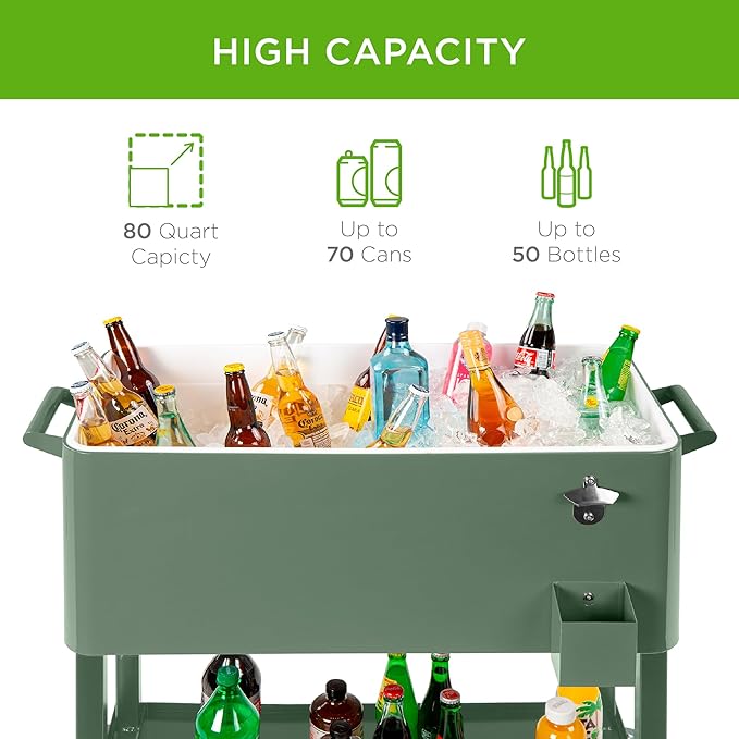 Best Choice Products 80-Quart Outdoor Steel Rolling Cooler Cart w/Ice Chest, Bottle Opener, Catch Tray, Drain Plug, Locking Wheels