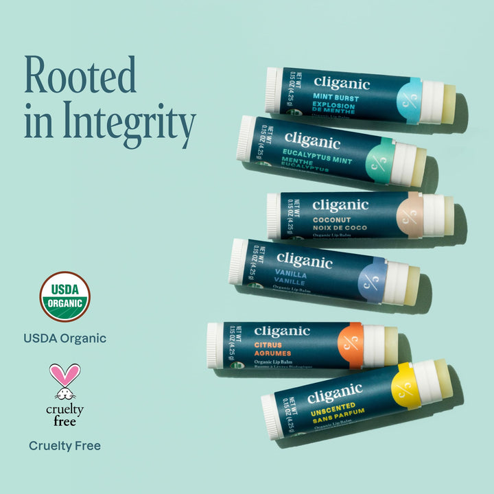 Cliganic Organic Lip Balm Set (6 Flavors) - 100% Natural Hydrating, Moisturizing for Dry Cracked Lips, for Men & Women