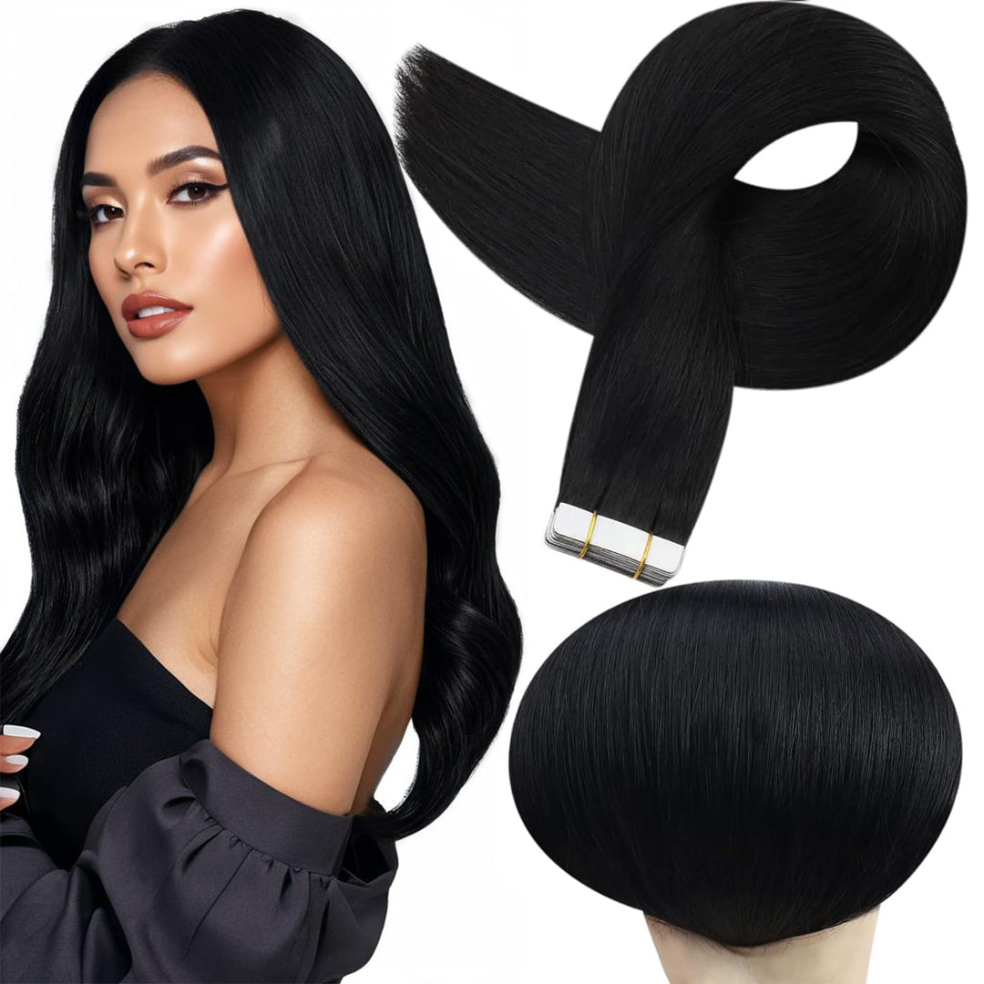 Full Shine Tape in Hair Extensions Human Hair 10 Inch Remy Tape in Human Hair Extensions for Women Color 1 Jet Black Hair Extension Real Human Hair Seamless Black Tape ins 30Gram 20Pcs