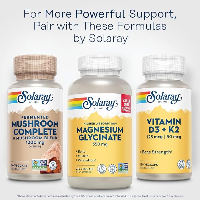 SOLARAY Fermented Mushroom Complete - Organic Chaga, Reishi, Shiitake, Cordyceps, Turkey Tail Mushroom and Lions Mane Supplement Capsules - 8 Mushroom Supplement - Non-GMO, 30 Servings, 60 VegCaps