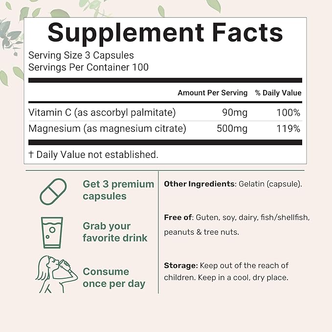 Pure Magnesium Citrate Supplements 500mg Per Serving | 300 Capsules with High Absorption Fat-Soluble Vitamin C | Supports Digestion, Muscle, & Heart Health | Only Active Ingredients | Filler Free