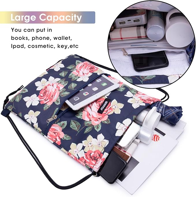 WANDF Drawstring Backpack String Bag Sackpack Cinch Water Resistant Nylon for Gym Shopping Sport Yoga (Peony)