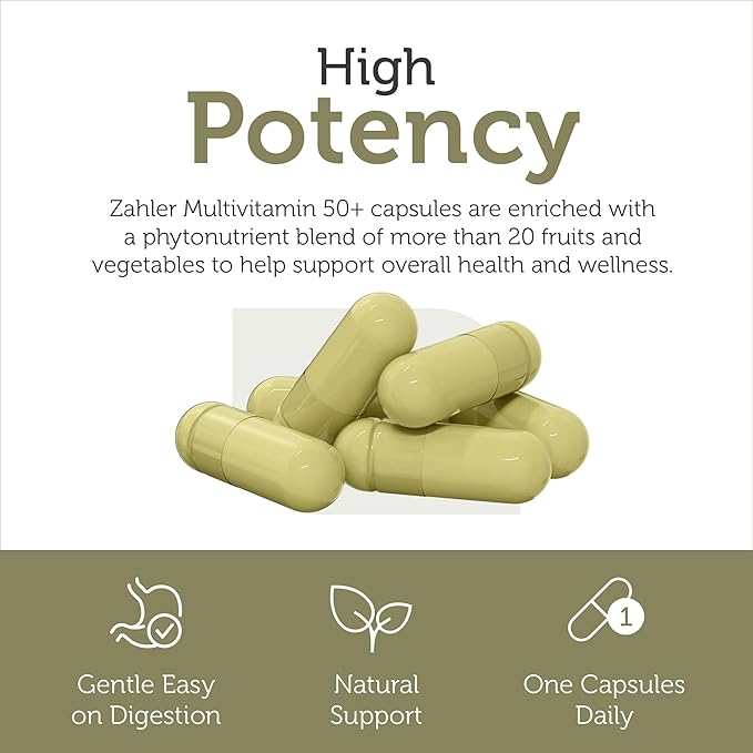 Zahler Multivitamin 50+, Iron-Free Formula + Lutein for Eye Health, 60 Capsules.