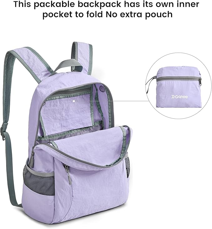G4Free 20L Lightweight Packable Backpack Travel Hiking Daypack Foldable Backpack for Men Women(Light Purple)
