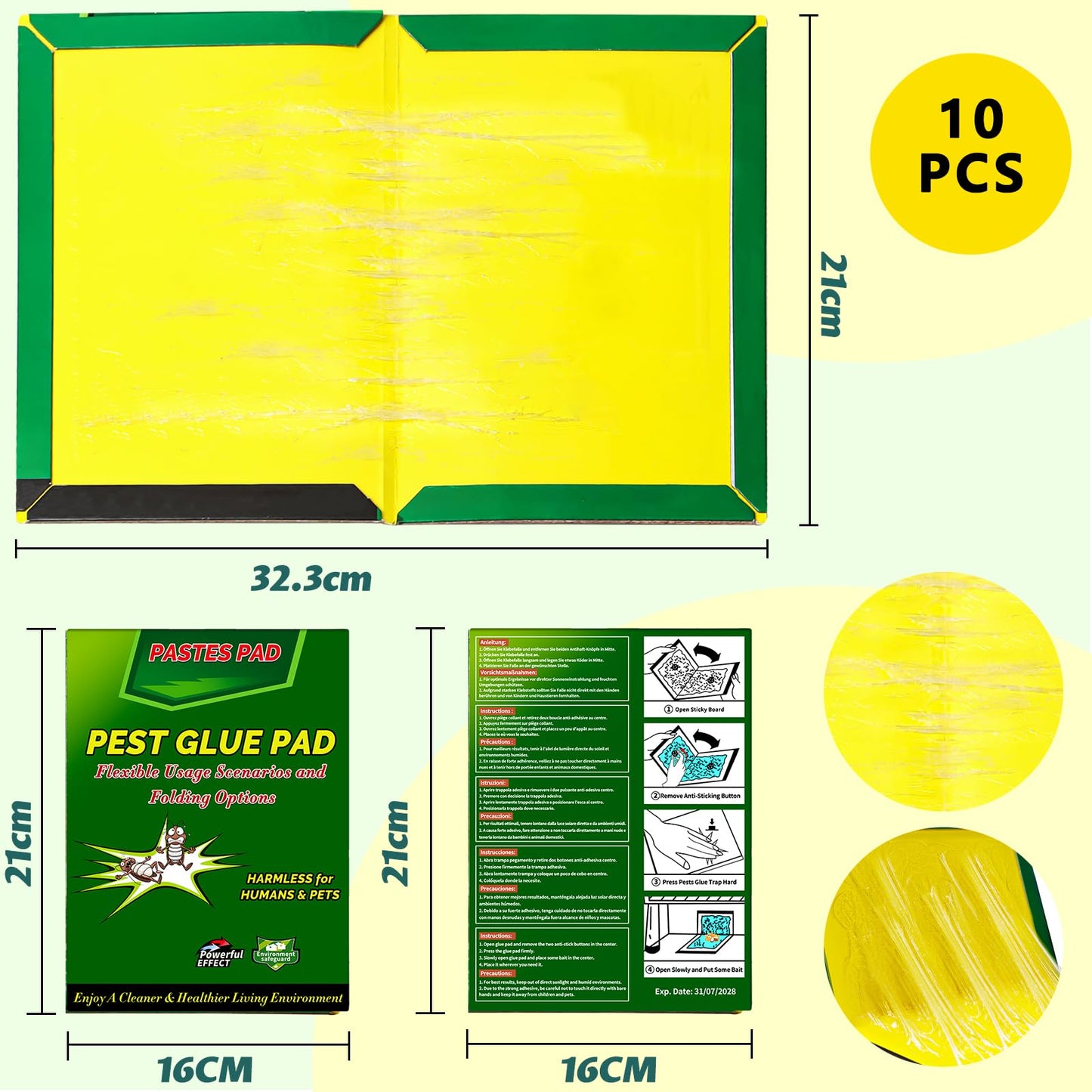 10 Packs Stickypads Glue Traps - 12.4 Inch x 8.2 Inch Sticky Pads Extra Strong, Gluetraps for Bed Bug & Cockroach, Glueboard Indoor Outdoor, Efficient Gum Pads for Home Kitchen Office Garage Garden