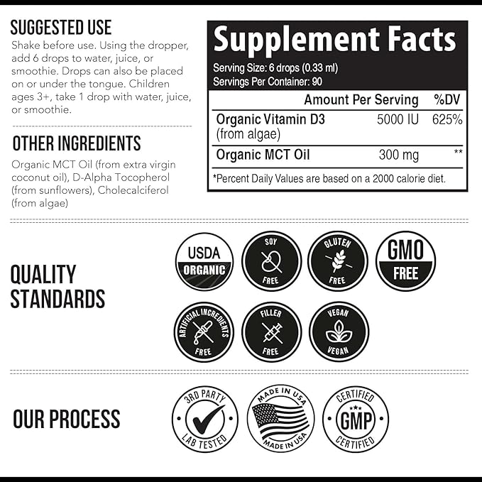 Plant-D3 Organic Vitamin D3 5000 IU - Vegan, Max Strength Sublingual Liquid D3 Drops - 200% Higher Absorption - 100% Plant-Based Cholecalciferol Form - Adjustable Dosing for All Ages (1oz Liquid)