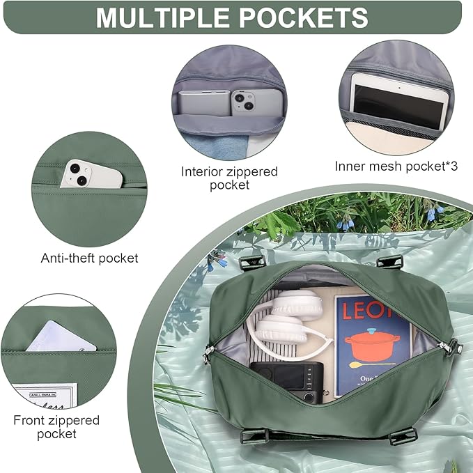 Womens travel bags, weekender carry on for women, sports Gym workout duffel bag, overnight shoulder Bag fit 15.6 inch Laptop (Large, Olive Green)