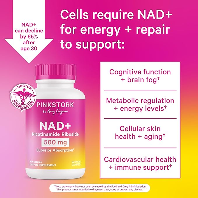 Pink Stork 500 mg NAD+ Supplement for Women - Healthy Aging Support - Cellular Regeneration for Energy, Cognitive Wellness, Skin Health - Clinically Studied Nicotinamide Riboside, 30 Capsules