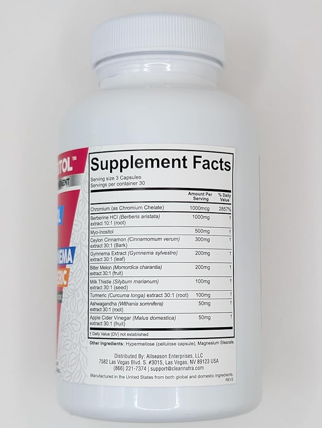 Clean Nutra Berberine Supplement with Ceylon Cinnamon, Bitter Melon, Inositol, Gynema Sylvestre, Milk Thistle, Turmeric Extract Berberis HCL Phytosome Capsules Vegan Supplements