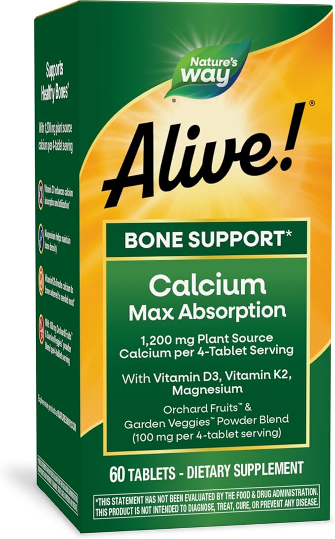 Nature's Way Alive! Calcium Max Absorption, Plant Source Calcium, Vitamin D3 & K2, Magnesium, Bone Support*, 60 Tablets (Packaging May Vary)