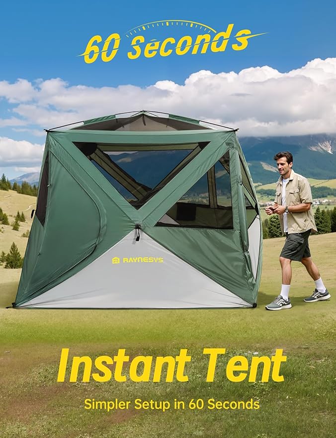 Camping Tent,Instant Cabin Tent, Setup in 60 Seconds, 4 Person Pop up Tents for Camping, Hub Tents, Rainfly, Windproof, UV Resistant, Large Camping Tent Sun Shelter with Removable Floor