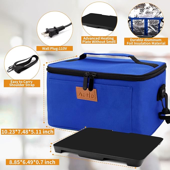 Aotto Portable Electric Lunch Box Food Heater - 110V Portable Oven and Food Warmer, Heated Lunch Box for Adults, Cook, Reheat, and Keep Meals Warm for Travel, Office, and Home - Blue