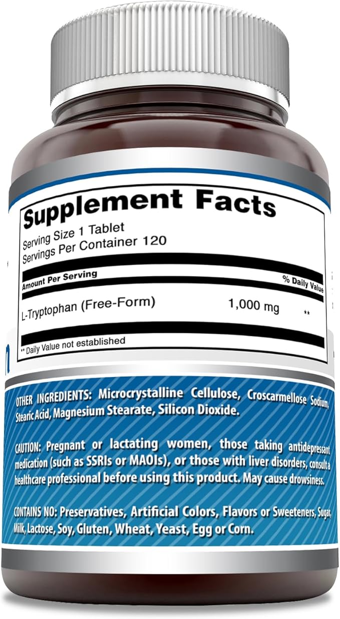 Amazing Formulas L-Tryptophan 1000mg Tablets Supplement | Non-GMO | Gluten Free | Made in USA (120 Count)