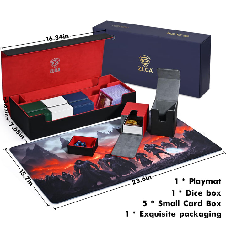 ZLCA Card Deck Box with Playmat for MTG TCG, Large Card Storage Box with 5 PCS Deck Box Holds 2400+ Unsleeved Trading Cards, Card Deck Case with Dice Tray Fits Yugioh Sports Cards (Black&Red Set)
