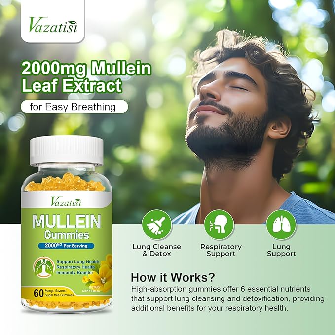 Mullein Gummies, Mullein Leaf Extract with Bromelain, Quercetin, Pine Bark Support Lung Cleanse for Healthy Breathing, 120ct