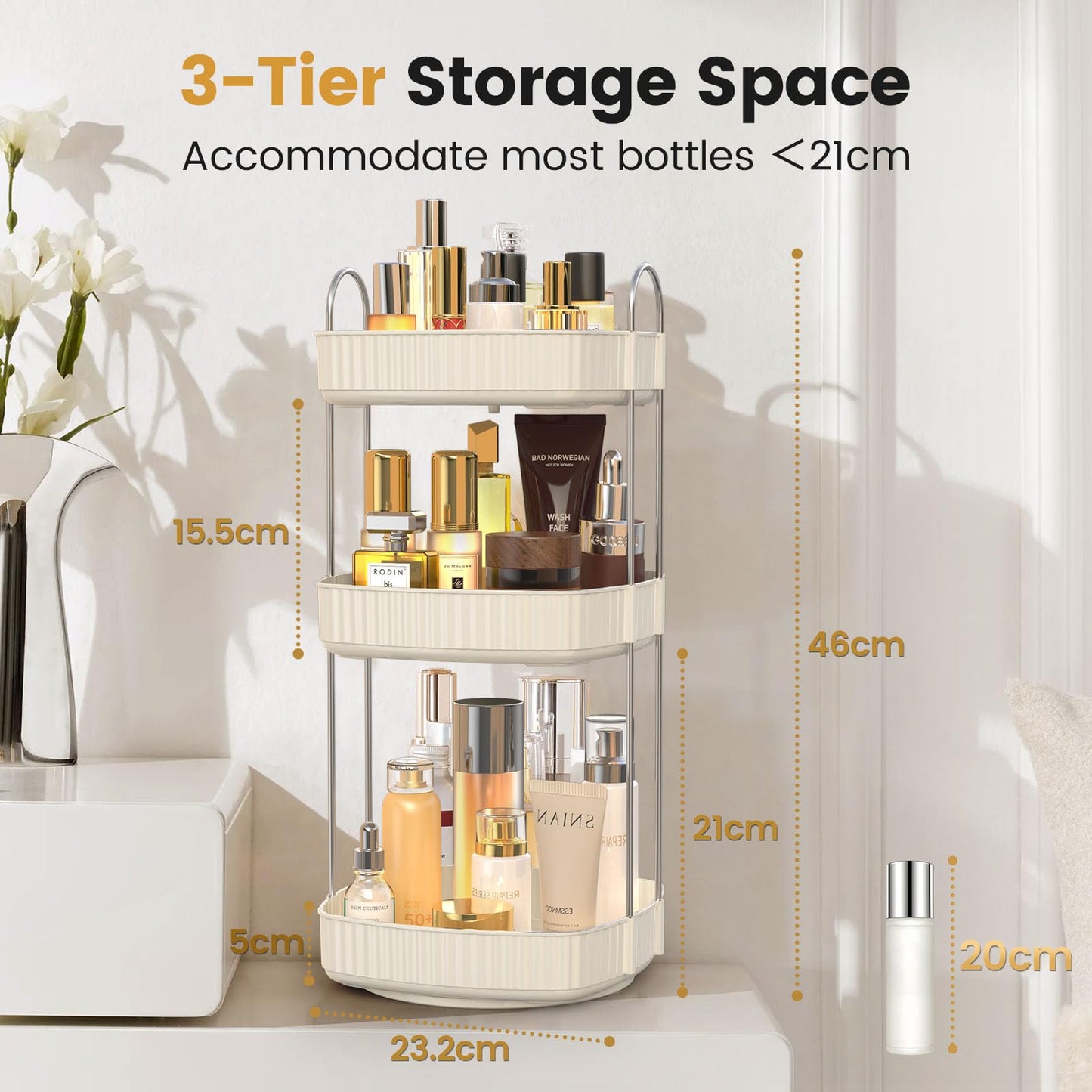 Accwork Rotating Makeup Organiser, 3 Tiers Spinning Cosmetics Storage Organiser Perfume Stand for Bathroom, Bedroom, Dressing Table, White