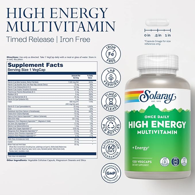 SOLARAY High Energy Multivitamin, No Iron, 1/Day, Timed-Release Formula, Whole Food & Herb Base 120 VegCaps