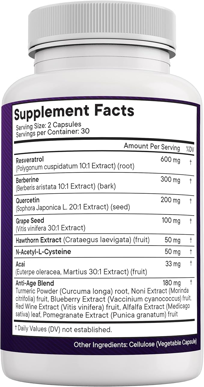 NEW AGE Resveratrol, Berberine, Grape Seed Extract, Quercetin, Polyphenol Supplement for Women and Men with Noni Extract, N-Acetyl Cysteine, Acai Extract - 120 Capsules